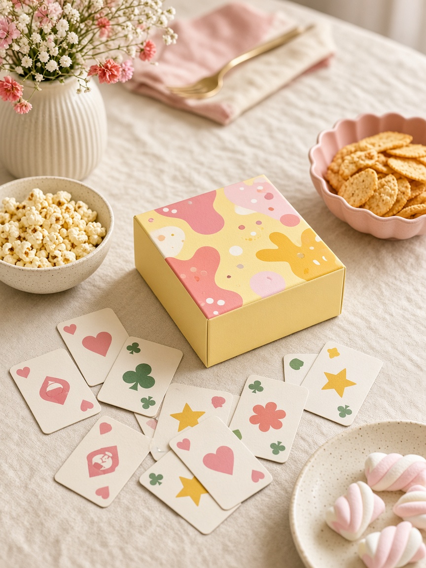Playful game-night essentials on a colorful table