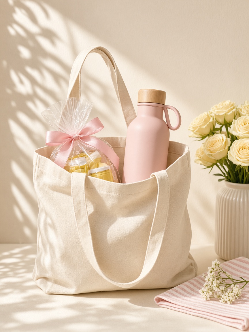 A cream tote packed for a bright weekend getaway